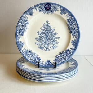 Royal Stafford Blue Christmas Tree Salad Plates 11 in Set of 6 Made in England